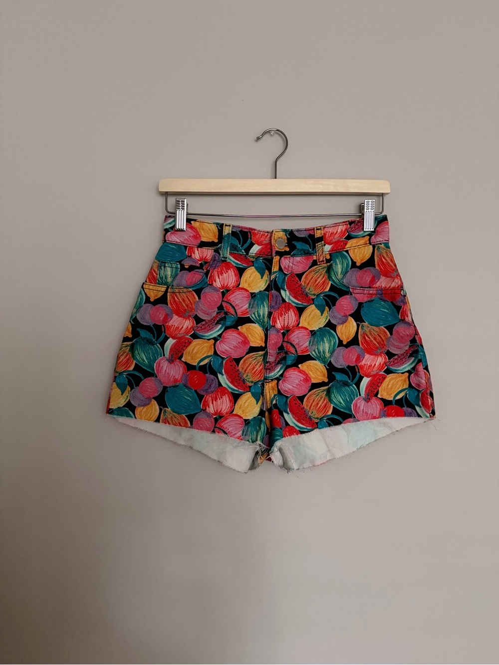 Zara Multicolor Fruit Print Denim Shorts — Teal, Pink, Yellow - Picture 1 of 3